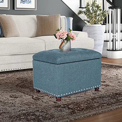24’’ Rectangular Upholstered Storage Ottoman for Living Room- Fabric Foot Stool with Nail-Head Trim- Chests and Organizers, Load Up to 350 lb, Lake Blue - color: Lake Blue