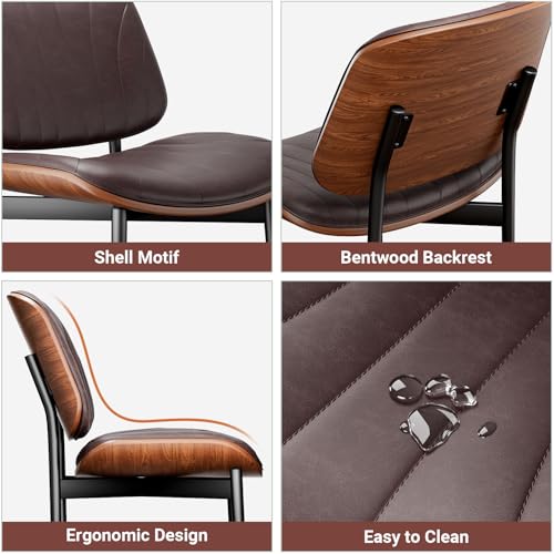 YaFiti Mid Century Dining Chairs Set of 2 with Walnut Bentwood, Brown | Ergonomic Walnut Backrest, Upholstered Waterproof PU Leather Seat, Stable Metal Legs, Adjustable Footpads, Apartment Friendly - color: Brown Scallop