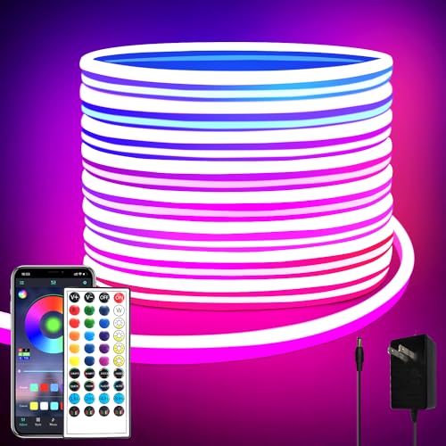 segrass 32.8ft LED neon Lights with Remote APP Control IP65 Waterproof Flexible Neon Strip Lights 24V RGB Rope Lights for Bedroom Room Outdoors Décor - size: 32.8ft