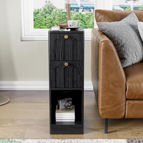 Black Small Nightstand Set of 2, Narrow Bedside Table with Arched Drawer, Wood Nightstand, Skinny Side End Table, Mid Century Modern Night Stand for Bedroom, Small Spaces, Slim, Boho - color: Z03-black-2 Pcs