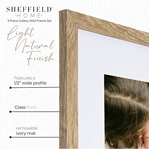 Sheffield Home 9 Piece Gallery Wall Frame Set, 12x12 in. Matted to 8x8 in. (Light Natural) - color: Light Natural, size: 12x12 Inch