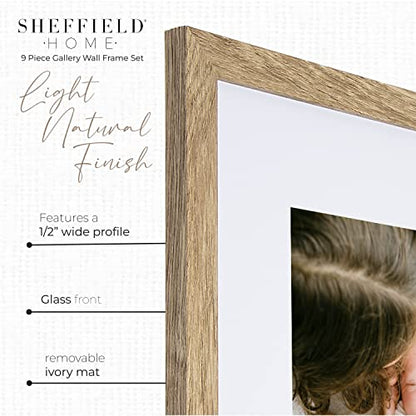 Sheffield Home 9 Piece Gallery Wall Frame Set, 12x12 in. Matted to 8x8 in. (Light Natural) - color: Light Natural, size: 12x12 Inch