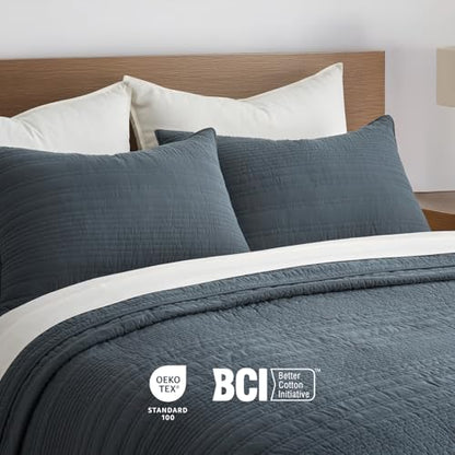 EVERGRACEHOME 100% Cotton Modern Lines Quilt Set Queen Size, Midnight Blue | Pre-Washed Soft Cotton, Striped Coverlet Bedspread, 3 Piece Lightweight Bedding Set for All Season, with 2 Pillow Shams - color: Midnight Blue, size: Full/Queen (92" X 92")