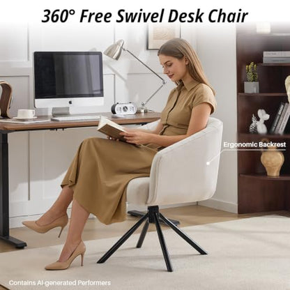 Swivel Desk Chair No Wheels Modern Upholstered Vanity Chairs Stationary | Comfy Dining Chairs with Mid Back Computer Task Chair Swivel Accent Arm-Chair for Home Office/Vanity/Bedroom, Beige - color: Beige