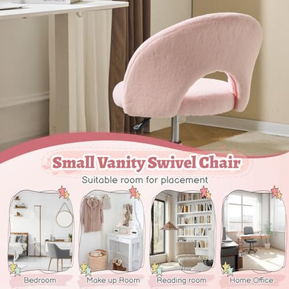 VINGLI Small Vanity Chair with Faux Fur Wheels for Girls,Cute Adjustable Height Armless Office Desk Chair,360°Swivel Comfy Rolling for Study,Make up Room,Small Space,Light Pink - color: Furry Pink