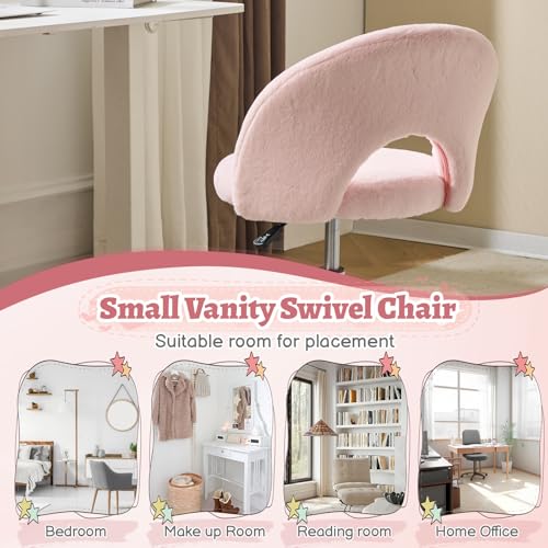 VINGLI Small Vanity Chair with Faux Fur Wheels for Girls,Cute Adjustable Height Armless Office Desk Chair,360°Swivel Comfy Rolling for Study,Make up Room,Small Space,Light Pink - color: Furry Pink