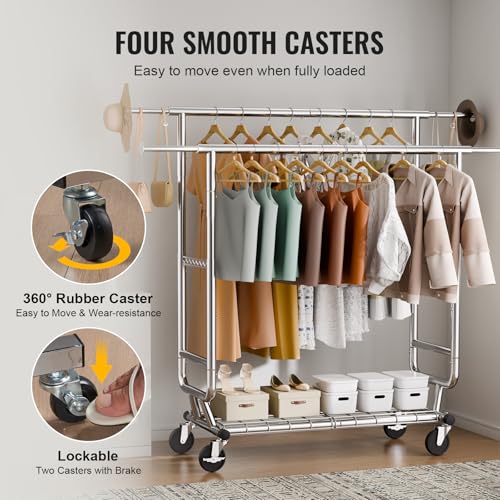 VEVOR Clothes Rack, Rolling Clothing Garment Rack, Extendable Carbon Steel Clothing Racks with Wheels for Bedroom, Laundry, Living Room - style: 2Rod,21.5"D x 75.4"W x 73.5"H