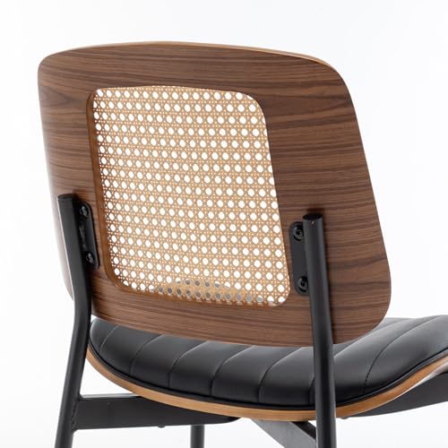 LUNLING Dining Chairs Set of 4 Mid Century Modern Retro Faux Leather Kitchen Chair with Walnut Bentwood Upholstered Seat Metal Legs Adjustable Foot for Kitchen Dining Room Chairs(Black-Rattan Back) - color: Black2, size: Set of 4