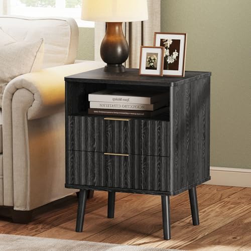 EAG Mid Century Modern Nightstand, Bedside Table with 2 Drawers, Black | Fluted Nightstand with Open Storage Shelf & Solid Wood Legs, Wooden End Table for Bedroom, Sofa Home Office - color: Black, size: 18" W