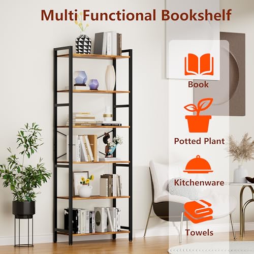6 Tier Bookshelf,Storage Shelf with Steel Frame,Free Standing Open Book Shelves Storage Display Shelf - size: 6 Tier