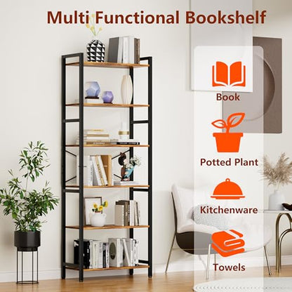 6 Tier Bookshelf,Storage Shelf with Steel Frame,Free Standing Open Book Shelves Storage Display Shelf - size: 6 Tier