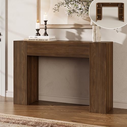 43" Fluted Modern Console Table with Storage, Narrow Entryway Table, Walnut | Skinny Console Tables for Entryway, Small Entryway Table, Farmhouse Sofa Table Behind Couch for Living Room,Hallway,Entrance - color: Walnut