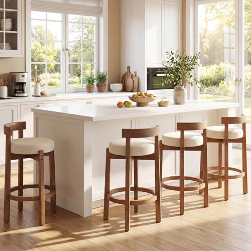 HEAH-YO Mid Century Modern Bar Stools Set of 6, 26.5" Counter Stools with Back, Linen Upholstered Barstools with Solid Wood Legs Bar Chairs for Kitchen Island Dining Room, Beige - color: 26.5" Beige Linen, size: Counter Height - Set of 6