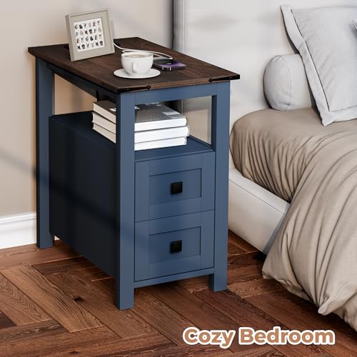 VVFLU Farmhouse End Table with Charging Station and 2 Storage Drawers, Blue Wood Nightstand Narrow, Skinny Side Table Rustic, Slim Bedside Table, Open Shelf, Small for Bedroom, Living Room, Sofa - color: Blue/Wood