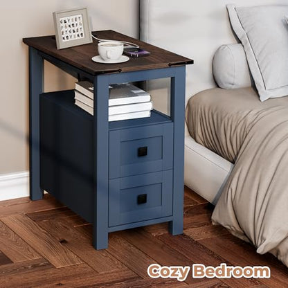 VVFLU Farmhouse End Table with Charging Station and 2 Storage Drawers, Blue Wood Nightstand Narrow, Skinny Side Table Rustic, Slim Bedside Table, Open Shelf, Small for Bedroom, Living Room, Sofa - color: Blue/Wood