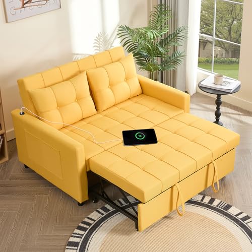 GOSUHI 52" 3-in-1 Convertible Sleeper Sofa Bed, Linen, Yellow | Pull-Out Bed, Stepless Adjustable Backrest, Side Pocket, Compact Loveseat, Living Room, Dorm & Apartment - color: Yellow