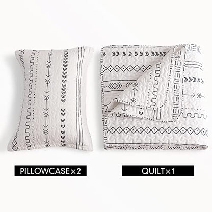 DURLENGEN White Quilt Set Queen Size 3Pcs,Bohemian Design with White & Black Geometric Pattern Printed on White, All Season Lightweight Bedspread Coverlet Sets(Queen 90x96,Boho White) - color: Boho White, size: Queen(90" x 96")