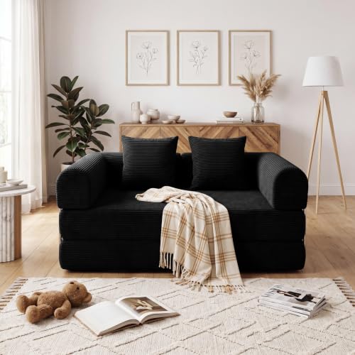 53.15'' Convertible Compressed Corduroy Folding Cloud Sofa Bed, Modern Boneless Pull Out Loveseat Sleeper in a Box, 4 in 1 Floor Mattress Futon Fluffy Couch, No Assembly Needed, Black, Pillows, Full - color: Bk, size: 53.15''