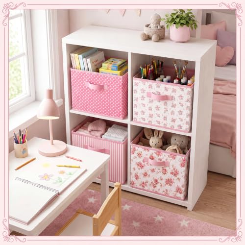 Marsui 4 Pcs Pink Floral Cube Storage Bins 11 Inch Pink Flower Storage Basket with Handle, Preppy Organizer Basket, Collapsible Fabric Box for Classroom Bedrooms Office Home Decoration Gift