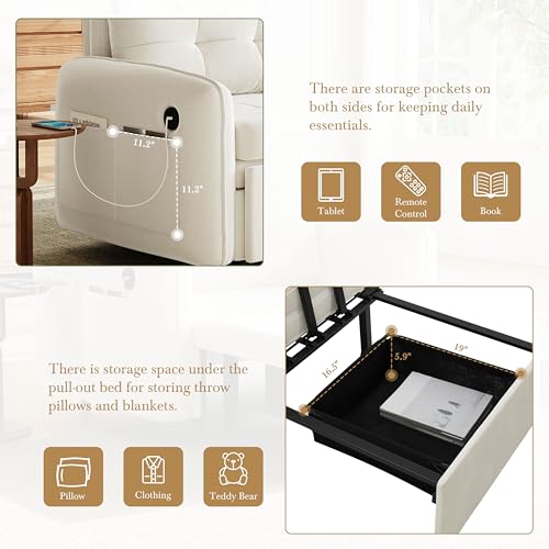 3-in-1 Convertible Sleeper Chair Bed, Multi-Functional Chenille Single Sofa Bed with Storage Pockets and Box, 80" Extra Long Pull Out Sleeping Lounge Chair for Living Room & Apartment (Beige,35) - color: Beige,35