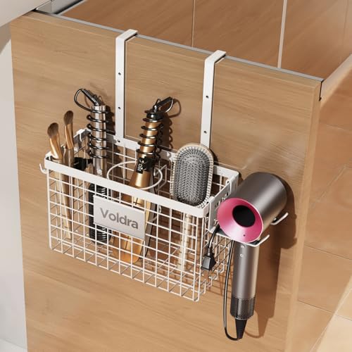 Voldra Hair Dryer Holder Cabinet Door, Adhesive Hair Tool Organizer Wall Mount Adjustable Height Blow Dryer Holder Under Sink/Countertop for Flat Curling Iron, Hair Brush and Straightener (1, White) - color: White