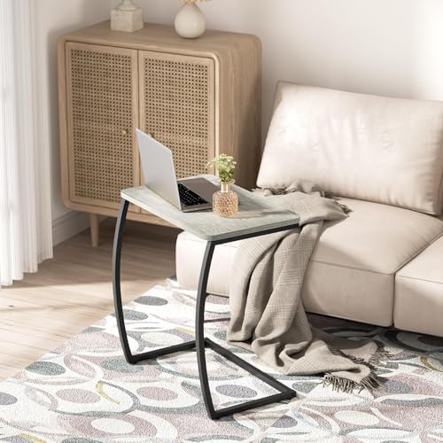SRIWATANA Light Grey C Shaped Side Table, End Table for Sofa Couch Bedside | Space-Saving C-Table Slides Under Sofa; Sturdy Wood & Metal Frame with Adjustable Feet for Laptop, Coffee, and Snack Use - color: Light Grey