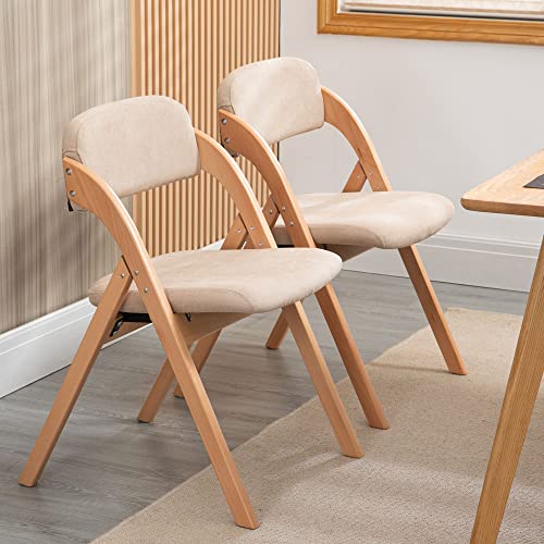 Folding Chairs with Padded Seats | Wooden Stackable Dining Chair Set of 2 with Removable Cover Extra for Guests Kitchen Office Wedding Party Picnic, Khaki - color: Khaki, size: 2PCS