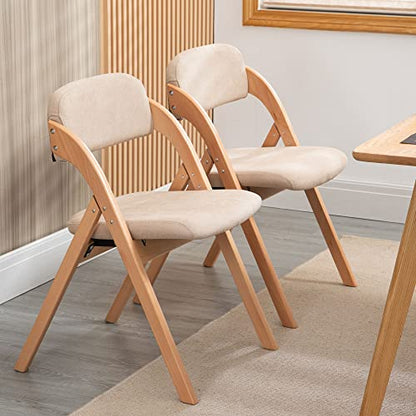 Folding Chairs with Padded Seats | Wooden Stackable Dining Chair Set of 2 with Removable Cover Extra for Guests Kitchen Office Wedding Party Picnic, Khaki - color: Khaki, size: 2PCS