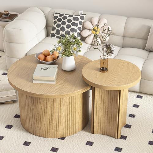 Mxtxmy Round Nesting Coffee Table Set of 2,Coffee Tables for Living Room | Round Coffee Tables with Wood Finish,Stackable Coffee Table Set,Rustic Sofa Side Table,Living Room Bedroom (Large Size) - color: Large Size