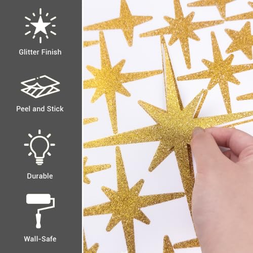 120 Pcs Glitter Gold Star Wall Decals | Retro Starburst Decor, Assorted Shapes & Sizes, Peel and Stick - style: Glitter Gold Star