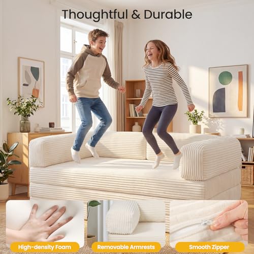 Erament Futon Sofa Bed Queen, Convertible Tri Folding Mattress Foldable with Removable Armrests & Washable Cover, 5-Inch Floor Mattress with High-Density Foam, Small Pull Out Couch Bed, Beige - color: Beige, size: Queen