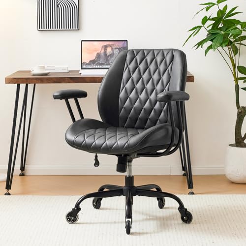 YFO Home Office Desk Chair Office Rubber Casters Ergonomic Computer Chair with Lumbar Support Adjustable Height Rolling Swivel Executive Task Armrests Chair， Black PU - color: Black, size: Mid Back