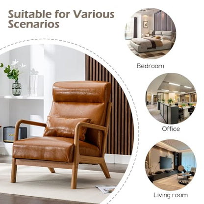 Mid Century Modern Accent Chair with High Back, PU Leather Reading Armchair with Waist Cushion, Upholstered Wood Frame Living Room Chairs for Bedroom Sunroom, Camel - color: Camel