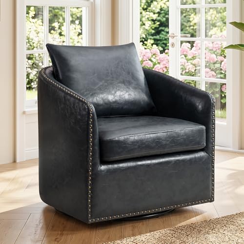 HAOMARKETS 360 Degree Swivel Barrel Chair with Plump Back Pillow, Waterproof Oil Waxed PU Leather Swivel Armchair with Rivets, Comfy Vintage Round Accent Chair for Living Room - color: Haze Blue