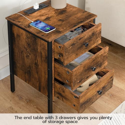 HOOBRO Nightstand with Charging Station, Side Table with 3 Drawers and Storage Shelf, End Table with USB Port, Retro Industrial Style Bedside Table, for Living Room, Bedroom, Rustic Brown BF461BZ01G2