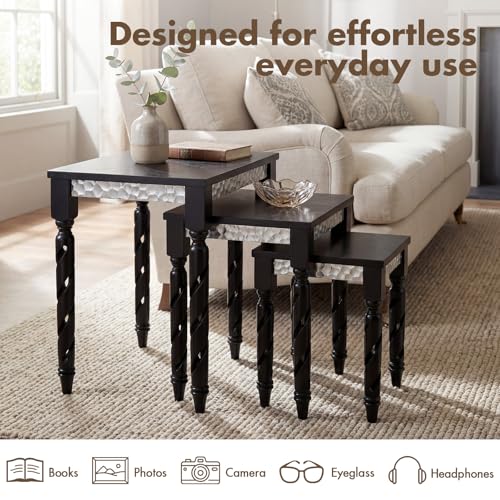Hyfirm Black Nesting Tables Set of 3 - Mid Century Modern Accent End Tables with Durable Veneered Top, Spiral Wood Legs & Hexagonal Silver Apron, Ideal for Living Room, Bedroom & Small Apartments - color: Black Top+silver Apron