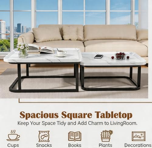 Nesting Coffee Table Set of 2 – Square Small Coffee Tables for Living Room, Bedroom, Balcony, Versatile End Table Set,Space Saving Mid Century Modern Nesting Coffee Tables Stackable, - color: White