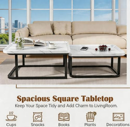 Nesting Coffee Table Set of 2 – Square Small Coffee Tables for Living Room, Bedroom, Balcony, Versatile End Table Set,Space Saving Mid Century Modern Nesting Coffee Tables Stackable, - color: White