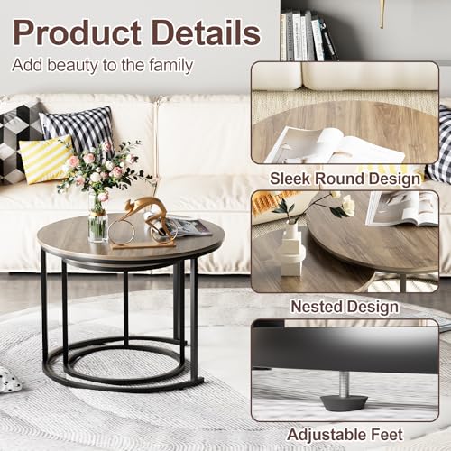 Nesting Coffee Table, 23.6" Round Coffee Table Set of 2, Wooden Nesting Table Set with Metal Frame, Side Tables for Living Room Bedroom Balcony, Brown - color: Brown
