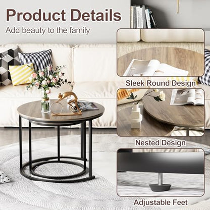 Nesting Coffee Table, 23.6" Round Coffee Table Set of 2, Wooden Nesting Table Set with Metal Frame, Side Tables for Living Room Bedroom Balcony, Brown - color: Brown