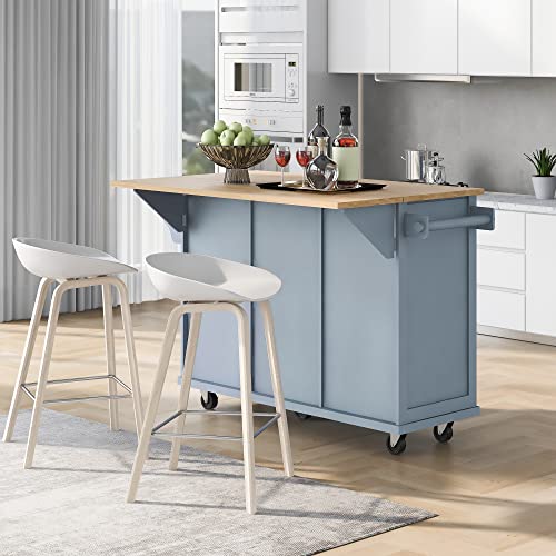 53'' Rolling Kitchen Island with Storage, Large Kitchen Cart On Wheels with Drop Leaf & Power Outlet & Drawers, Mobile Kitchen Table with 3 Drawers, for Dining Room (Grey Blue) - color: Grey Blue