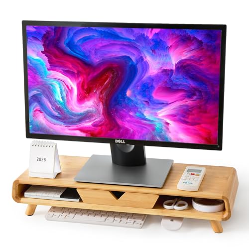 Homerays Bamboo Monitor Stand Riser, No Assembly Required Exquisite Monitor Stand with Drawer Ergonomic Height Wood Monitor Stand - color: BAMBOO