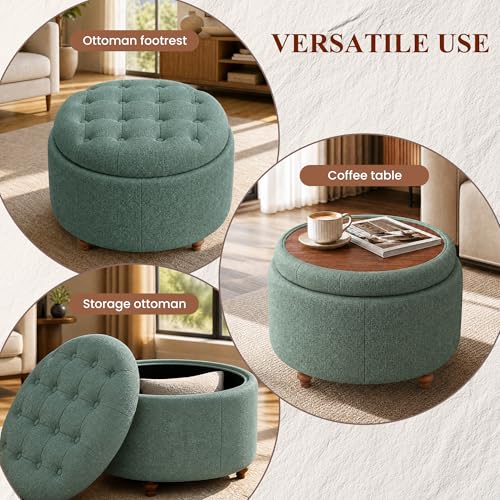 25" Round Ottoman with Storage, Small Coffee Table with Reversible Tray Lid | Tufted Fabric Round Storage Ottoman with Solid Wood Legs, 3-in-1 Footrest for Living Room, Bedroom, Entryway, Green - color: Green