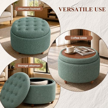 25" Round Ottoman with Storage, Small Coffee Table with Reversible Tray Lid | Tufted Fabric Round Storage Ottoman with Solid Wood Legs, 3-in-1 Footrest for Living Room, Bedroom, Entryway, Green - color: Green