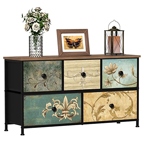 Dresser with Drawers for Bedroom Chest of Drawers Fabric Dresser for Closet,Nursery Entryway Hall Tree TV Stand for Living Room Retro Floral Pattern Drawers Wooden Top (5 Drawers) - size: 11.8"D x 39"W x 21.5"H (5 Drawers)