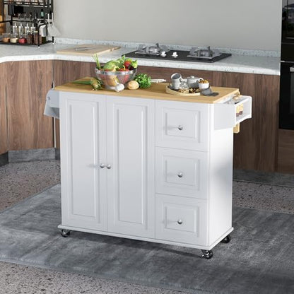 HOMCOM Drop Leaf Kitchen Island on Wheels, Rolling Kitchen Cart with Cabinet, 3 Drawers, Wooden Top, Towel Rack and Spice Rack, White