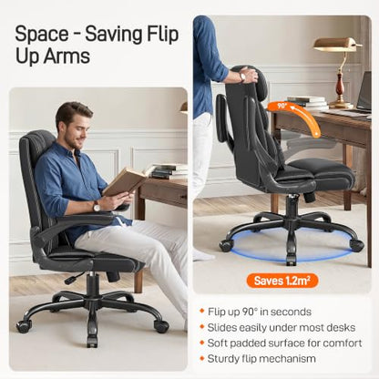 Office Chair, Executive Mid-Back Computer Desk Chair with Flip-up Armrests | 300 Lbs Ergonomic Leather Swivel PC Chair with Rock Function for Working Studying (Black) - color: Black