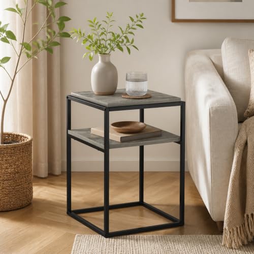2-Tier Stackable Metal Frame End Table, Toolless Assembly Bedside Table, Night Stand with Open Shelf, Side Table, for Bedroom, Living Room, French Oak Grey - color: French Oak Grey