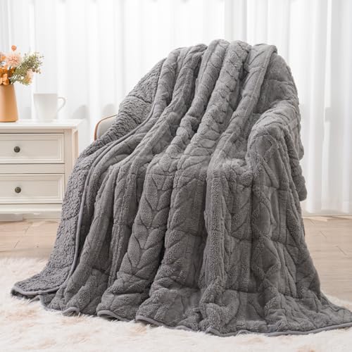 Fleece Weighted Blanket 15 lbs, Queen Size 60" x 80" Light Grey | Sherpa Heavy Blankets, Adults Jacquard Knitted Throw for Better Sleep and Relaxing, Comfort Fluffy Cozy Warm Chunky Soft - color: Light Grey, size: 60" X 80" 15lbs