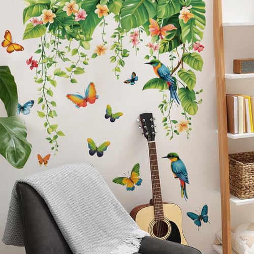 Tropical Green Plants Leaves Wall Decals Removable Hanging Vines Wall Stickers Peel and Stick Birds Butterfly Wall Decor for Bedroom Living Room Bathroom Classroom Decorations - style: Tropical Green Plants